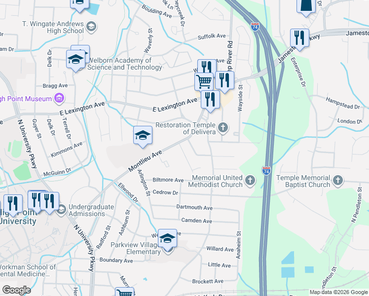 map of restaurants, bars, coffee shops, grocery stores, and more near 1140 Montlieu Avenue in High Point