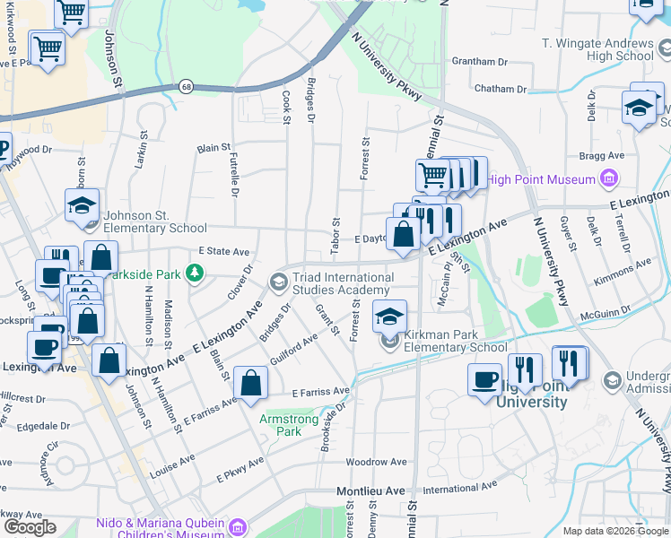 map of restaurants, bars, coffee shops, grocery stores, and more near 814 East Lexington Avenue in High Point