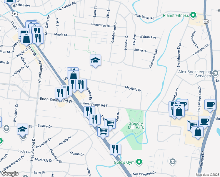 map of restaurants, bars, coffee shops, grocery stores, and more near 155-159 Mayfield Drive in Smyrna