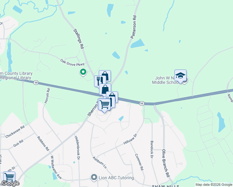 map of restaurants, bars, coffee shops, grocery stores, and more near 5203 Wake Forest Highway in Durham