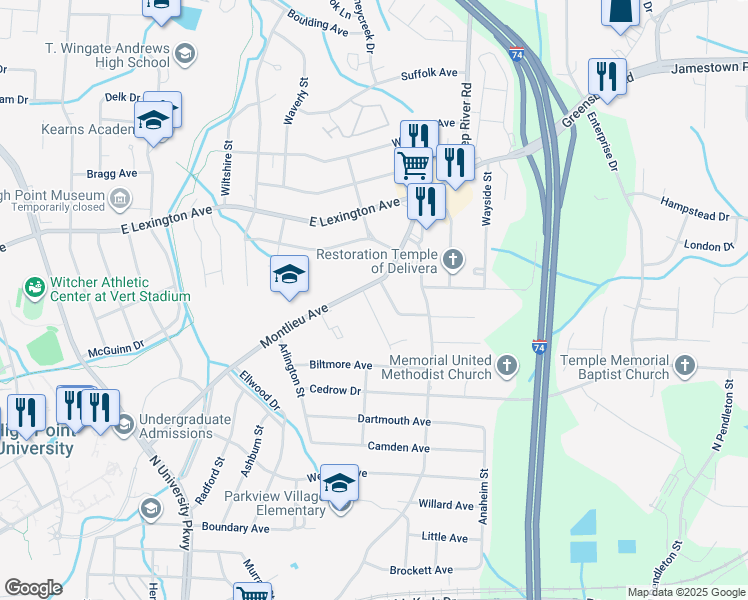 map of restaurants, bars, coffee shops, grocery stores, and more near 844 Cummins Street in High Point