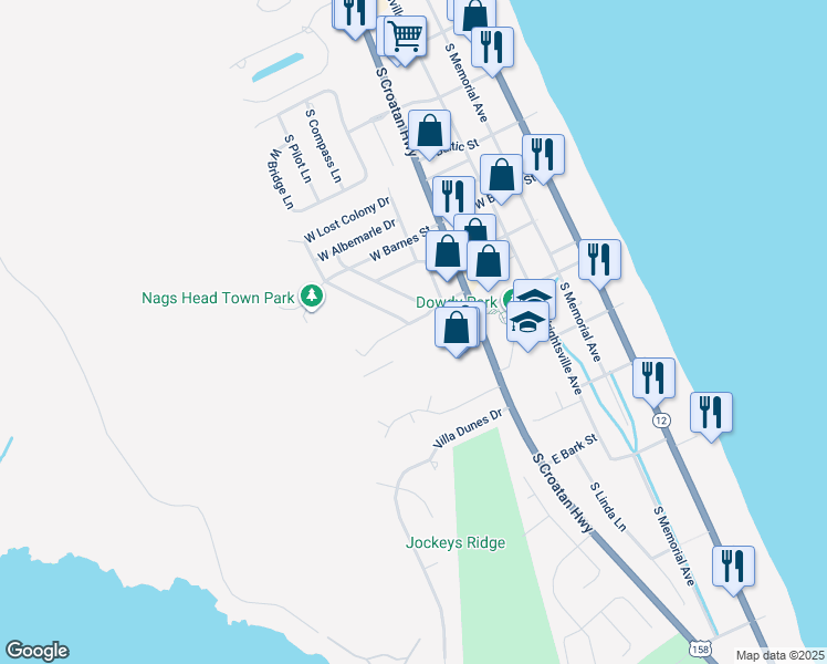 map of restaurants, bars, coffee shops, grocery stores, and more near 2913 South Lost Colony Drive in Nags Head