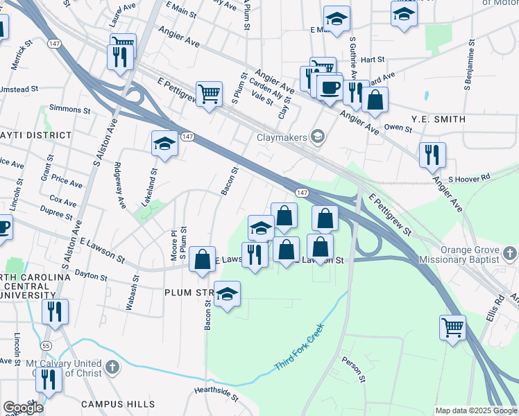 map of restaurants, bars, coffee shops, grocery stores, and more near 611 Troy Street in Durham