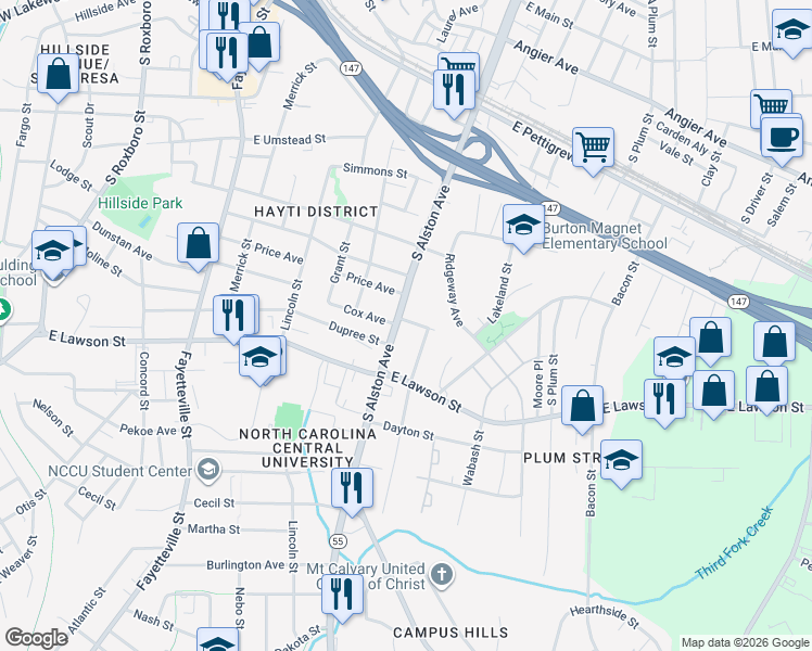 map of restaurants, bars, coffee shops, grocery stores, and more near 1006 North Carolina 55 in Durham