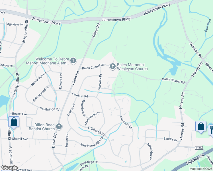 map of restaurants, bars, coffee shops, grocery stores, and more near 905 Chatfield Drive in Jamestown