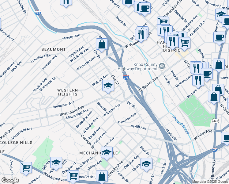 map of restaurants, bars, coffee shops, grocery stores, and more near 823 Sidebrook Avenue in Knoxville