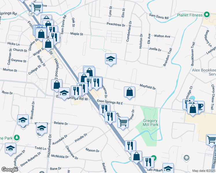 map of restaurants, bars, coffee shops, grocery stores, and more near 134-136 Mayfield Drive in Smyrna