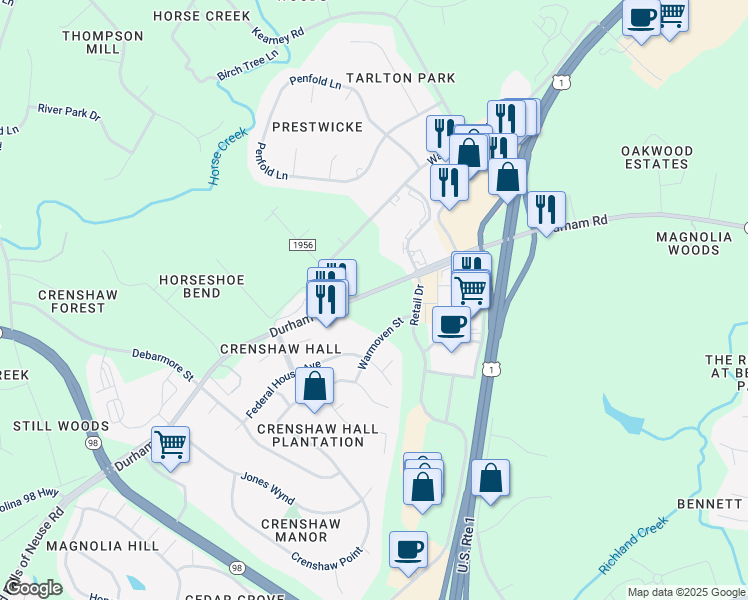 map of restaurants, bars, coffee shops, grocery stores, and more near 987 Durham Road in Wake Forest