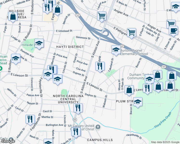 map of restaurants, bars, coffee shops, grocery stores, and more near 1006 North Carolina 55 in Durham