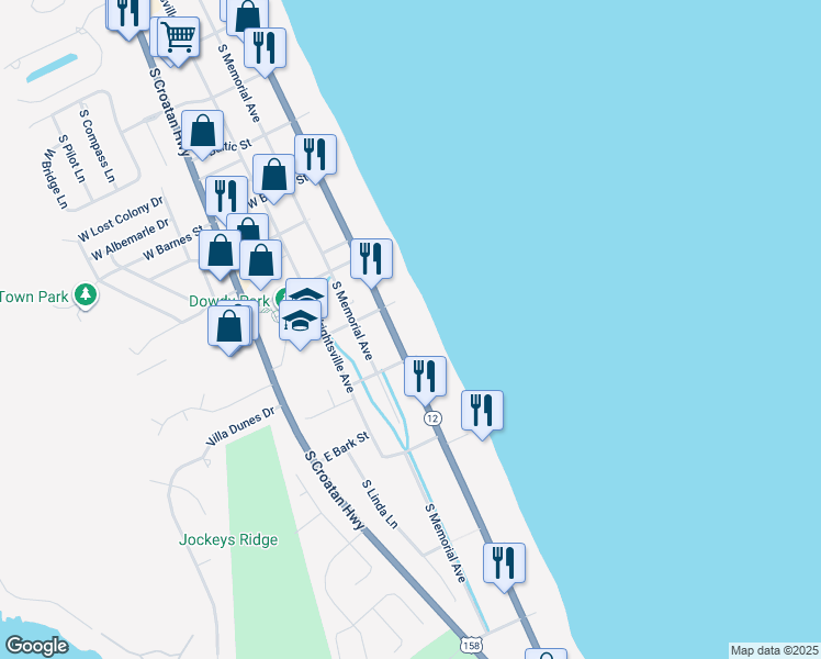 map of restaurants, bars, coffee shops, grocery stores, and more near 3113 South Virginia Dare Trail in Nags Head
