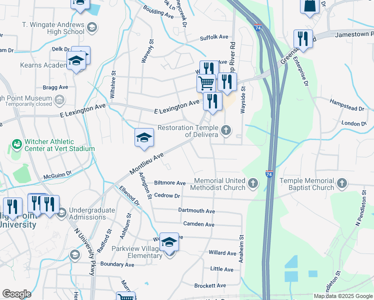 map of restaurants, bars, coffee shops, grocery stores, and more near 844 Cummins Street in High Point