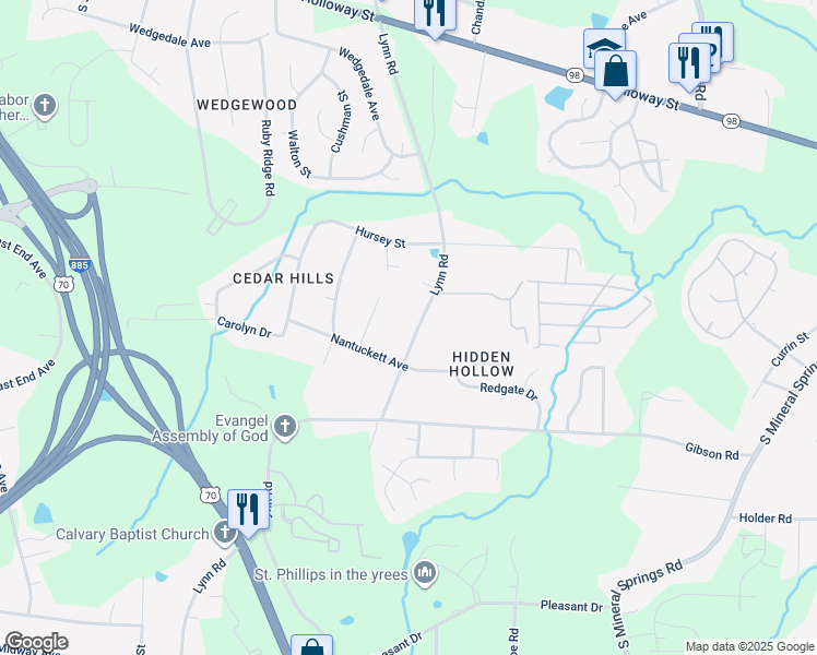 map of restaurants, bars, coffee shops, grocery stores, and more near 708 Lynn Road in Durham
