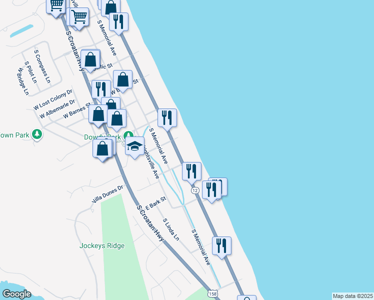 map of restaurants, bars, coffee shops, grocery stores, and more near 3113 South Virginia Dare Trail in Nags Head
