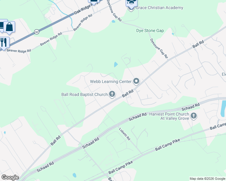 map of restaurants, bars, coffee shops, grocery stores, and more near 6157 Ball Road in Knoxville
