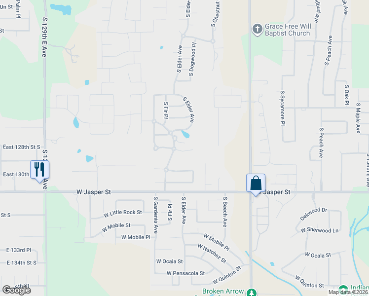 map of restaurants, bars, coffee shops, grocery stores, and more near 7513 South Fir Avenue in Broken Arrow