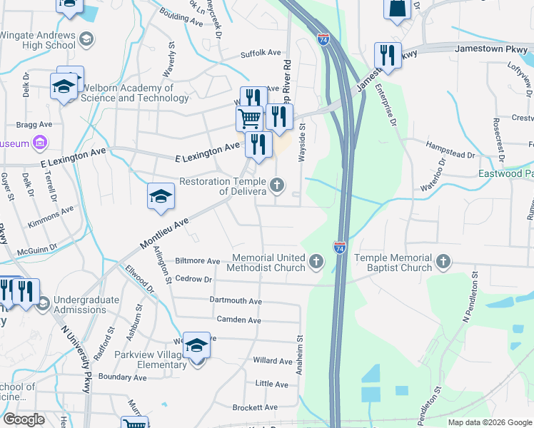 map of restaurants, bars, coffee shops, grocery stores, and more near 1102 Cleveland Street in High Point