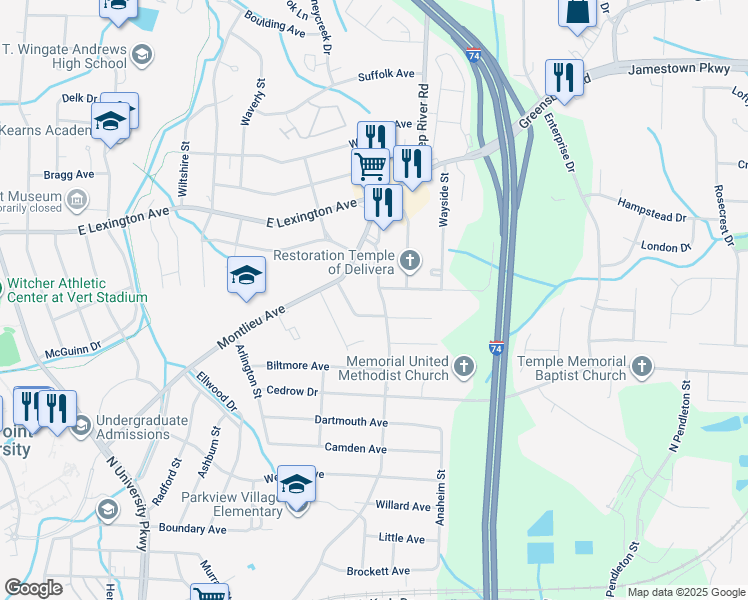 map of restaurants, bars, coffee shops, grocery stores, and more near 1007 Gordon Street in High Point