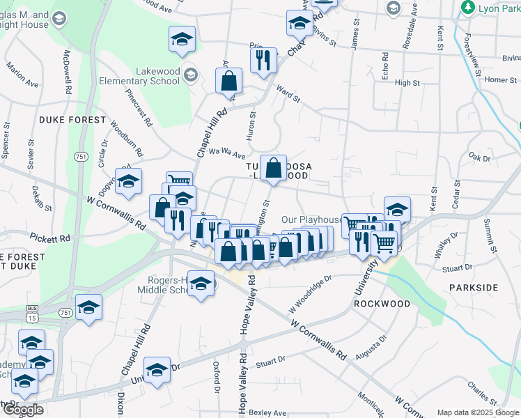 map of restaurants, bars, coffee shops, grocery stores, and more near 2618 Lexington Street in Durham