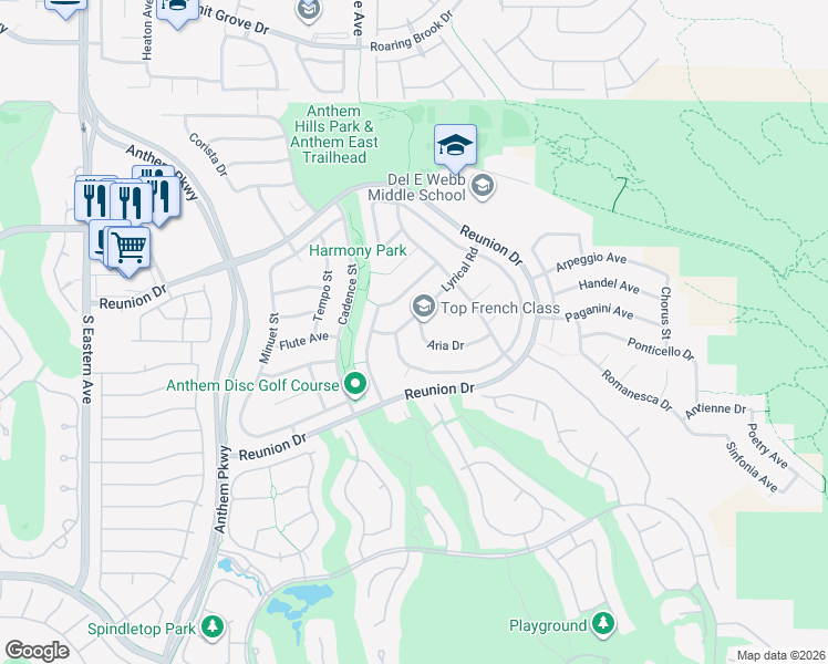map of restaurants, bars, coffee shops, grocery stores, and more near 2297 Aria Drive in Henderson