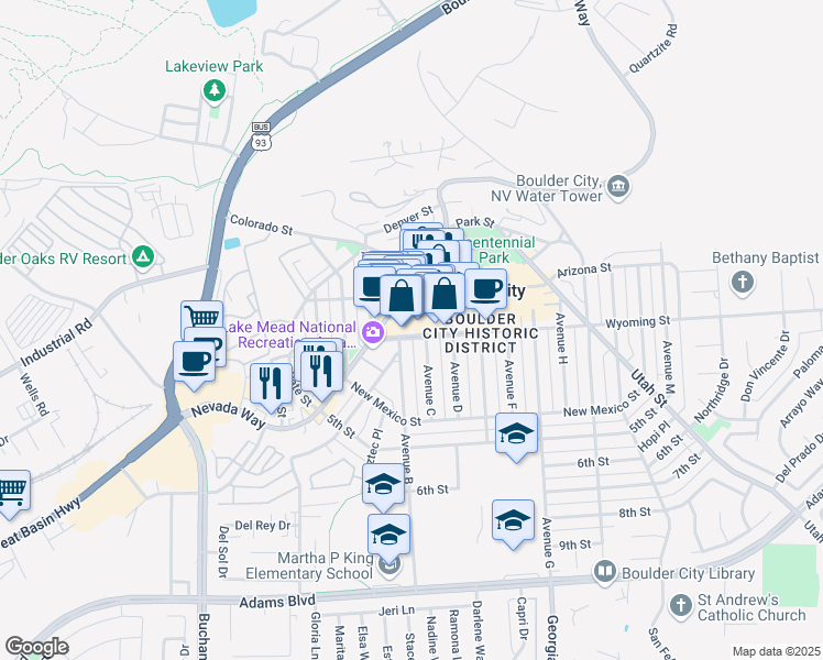 map of restaurants, bars, coffee shops, grocery stores, and more near 533 Avenue B in Boulder City