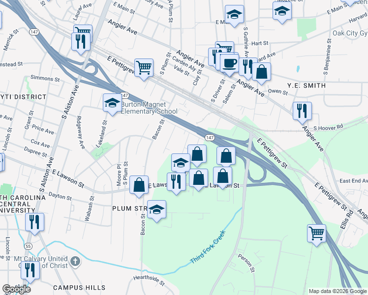 map of restaurants, bars, coffee shops, grocery stores, and more near Middle Street in Durham