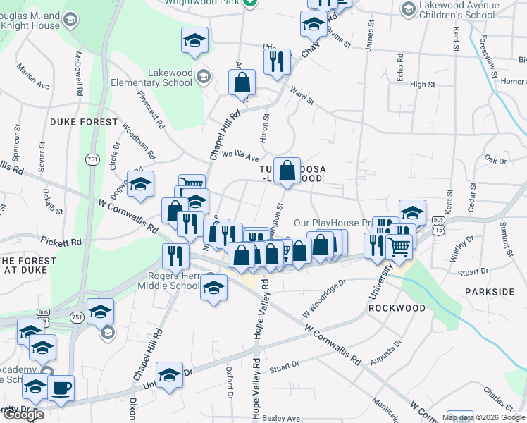 map of restaurants, bars, coffee shops, grocery stores, and more near 2701 Sarah Avenue in Durham