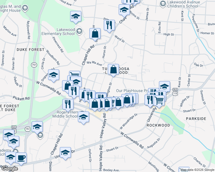 map of restaurants, bars, coffee shops, grocery stores, and more near 2613 Sarah Avenue in Durham
