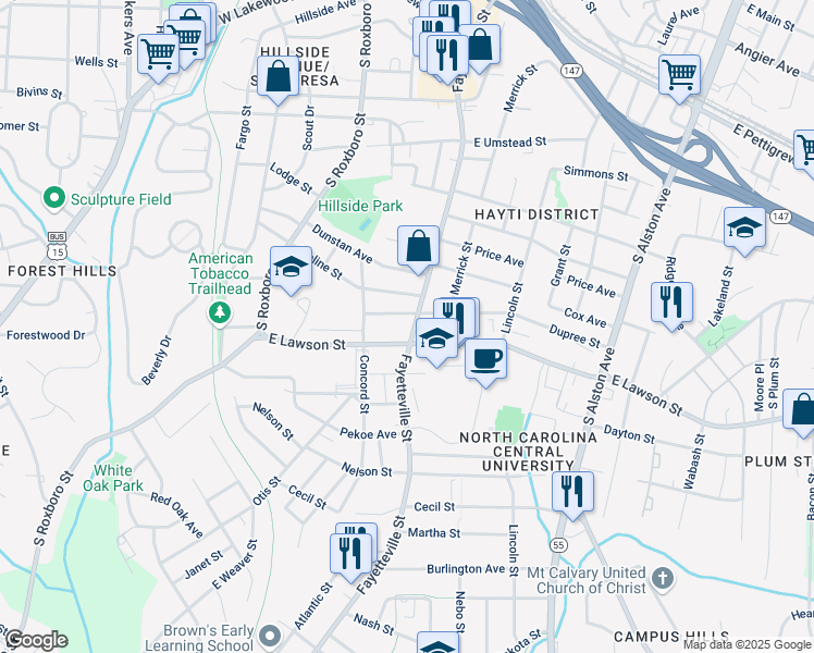 map of restaurants, bars, coffee shops, grocery stores, and more near 1706 Fayetteville Street in Durham