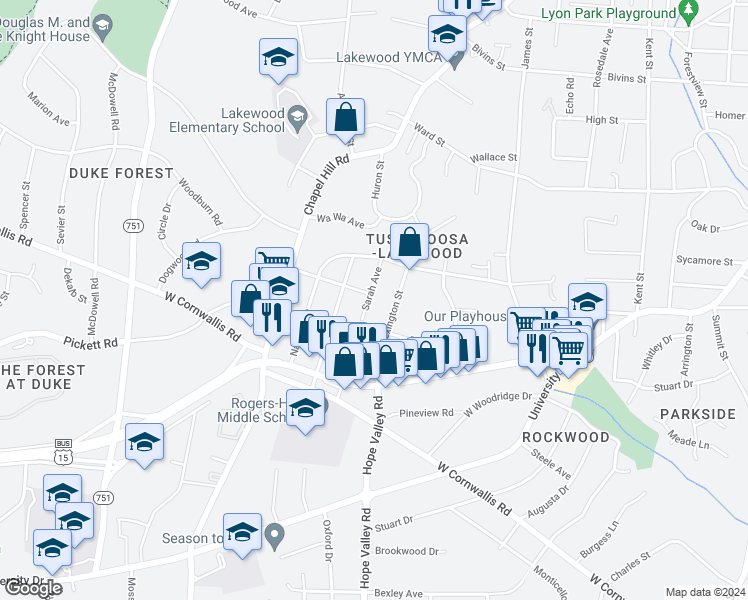 map of restaurants, bars, coffee shops, grocery stores, and more near 2701 Sarah Avenue in Durham