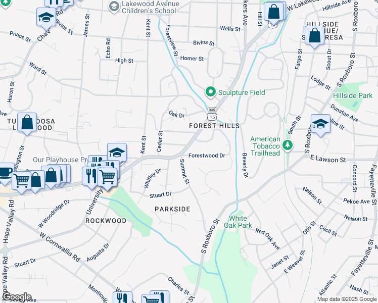 map of restaurants, bars, coffee shops, grocery stores, and more near 2003 University Drive in Durham