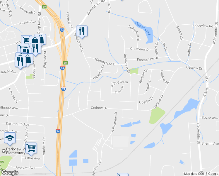 map of restaurants, bars, coffee shops, grocery stores, and more near 603 Rolling Green Drive in High Point