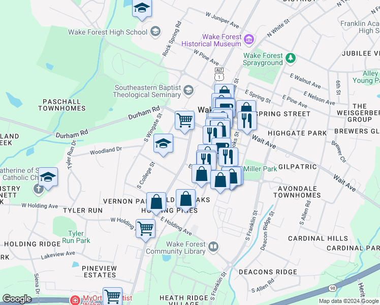 map of restaurants, bars, coffee shops, grocery stores, and more near 325 South Main Street in Wake Forest