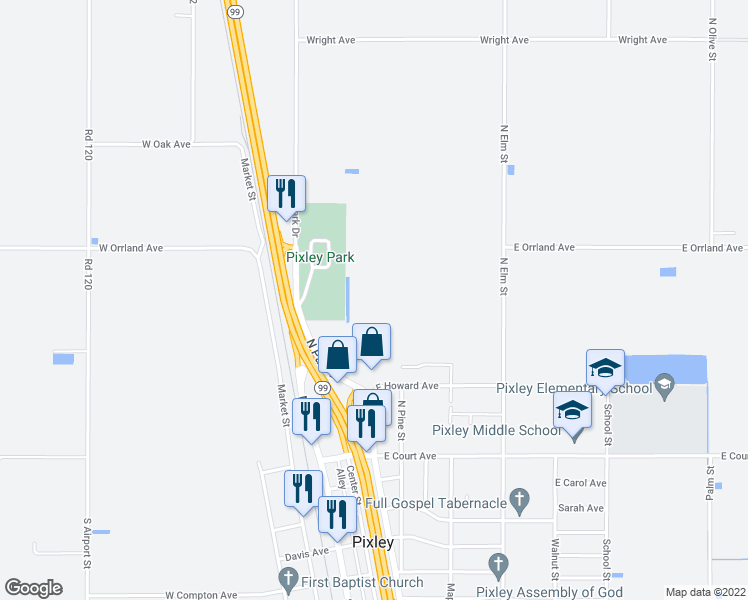 map of restaurants, bars, coffee shops, grocery stores, and more near 782 North Park Drive in Pixley
