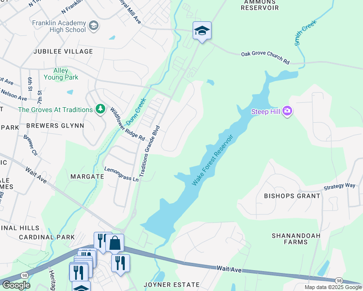 map of restaurants, bars, coffee shops, grocery stores, and more near 1344 Reservoir View Lane in Wake Forest