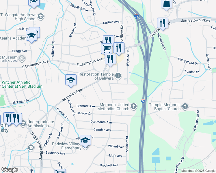 map of restaurants, bars, coffee shops, grocery stores, and more near 1007 Gordon Street in High Point