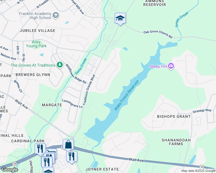map of restaurants, bars, coffee shops, grocery stores, and more near 1344 Reservoir View Lane in Wake Forest