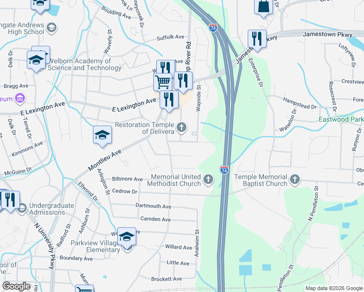 map of restaurants, bars, coffee shops, grocery stores, and more near 1102 Cleveland Street in High Point