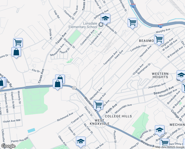map of restaurants, bars, coffee shops, grocery stores, and more near 1943 Tennessee Avenue in Knoxville