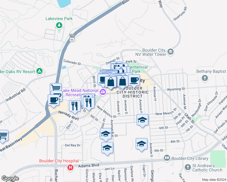 map of restaurants, bars, coffee shops, grocery stores, and more near 533 Avenue B in Boulder City