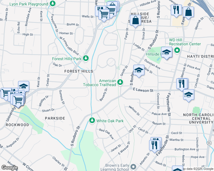 map of restaurants, bars, coffee shops, grocery stores, and more near 75 Beverly Drive in Durham