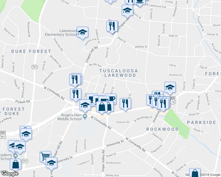 map of restaurants, bars, coffee shops, grocery stores, and more near 2613 Sarah Avenue in Durham