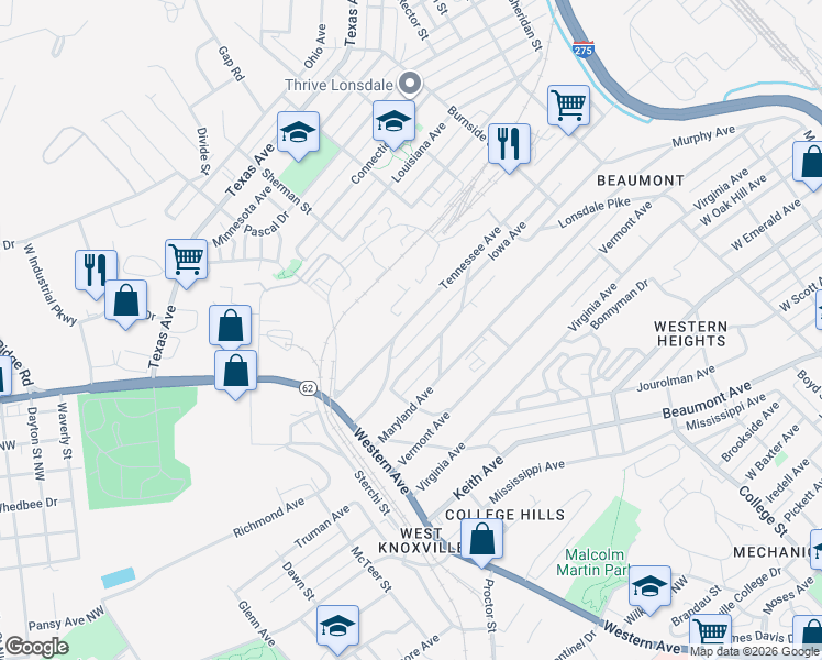 map of restaurants, bars, coffee shops, grocery stores, and more near 1906 Tennessee Avenue in Knoxville