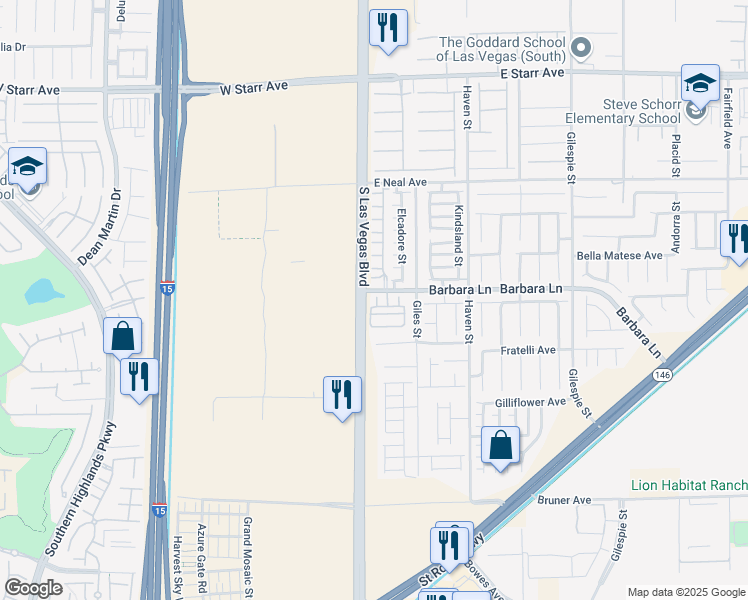 map of restaurants, bars, coffee shops, grocery stores, and more near 25 Barbara Lane in Las Vegas