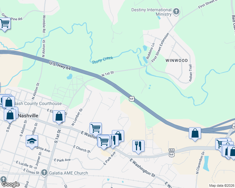 map of restaurants, bars, coffee shops, grocery stores, and more near U.S. 64 in Nashville