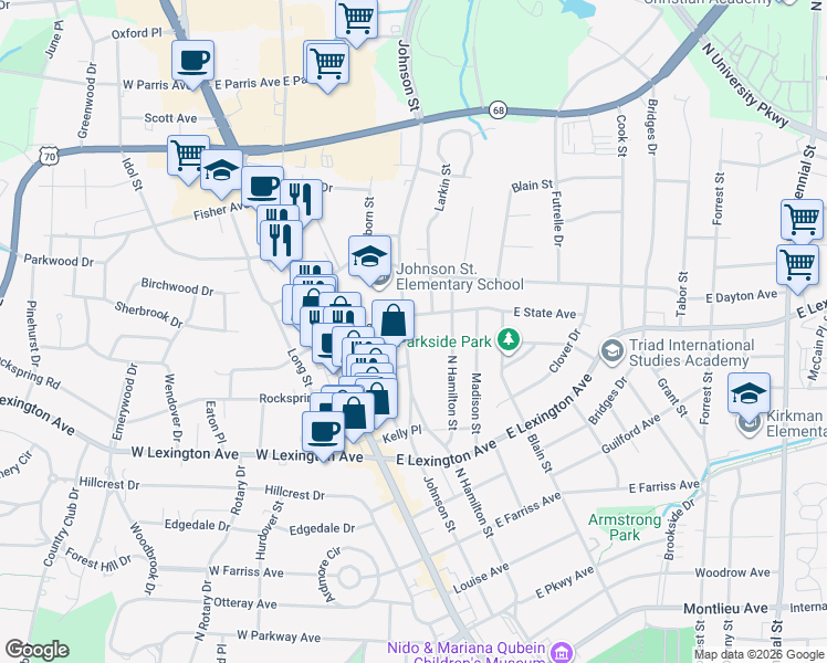 map of restaurants, bars, coffee shops, grocery stores, and more near 1520 Johnson Street in High Point