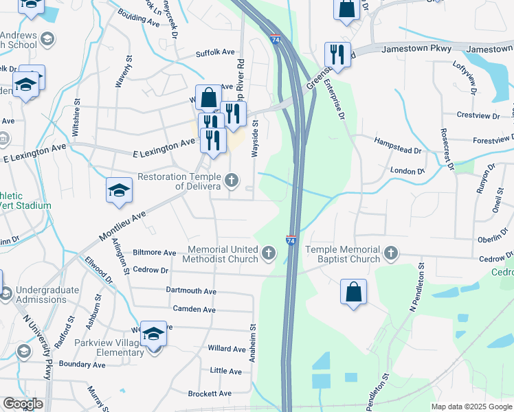 map of restaurants, bars, coffee shops, grocery stores, and more near 934 Beaumont Avenue in High Point
