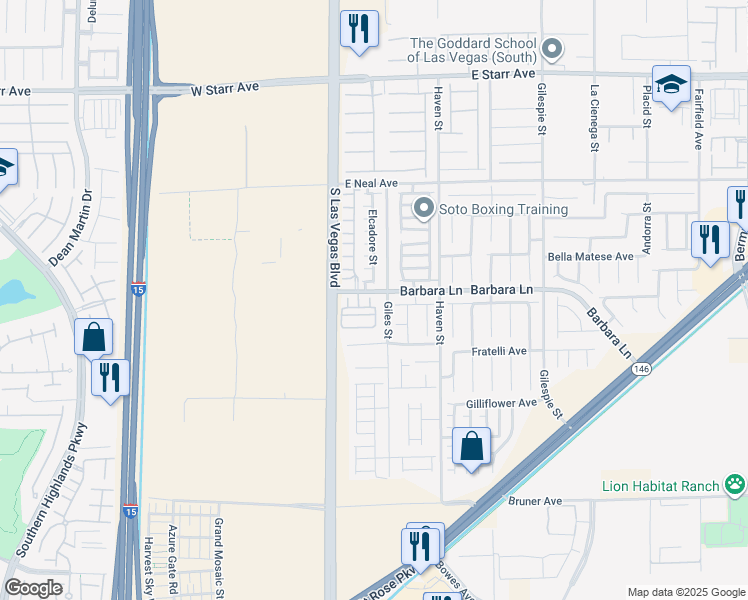 map of restaurants, bars, coffee shops, grocery stores, and more near 25 Barbara Lane in Las Vegas