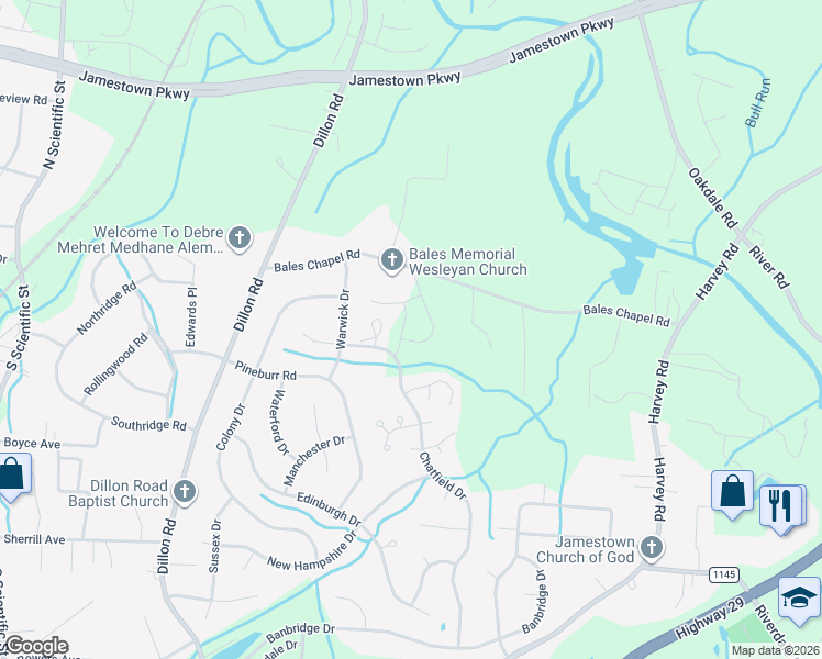 map of restaurants, bars, coffee shops, grocery stores, and more near 1006 Bales Chapel Road in Jamestown