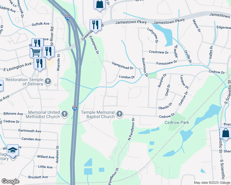 map of restaurants, bars, coffee shops, grocery stores, and more near 1011 Charing Cross Lane in High Point