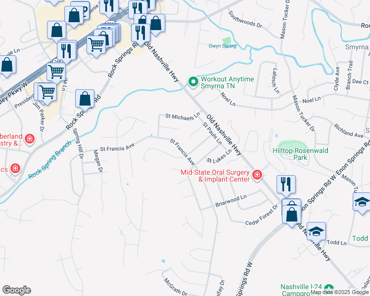 map of restaurants, bars, coffee shops, grocery stores, and more near 402 Saint Francis Avenue in Smyrna